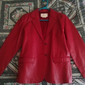 Margaret Godfrey red leather coat